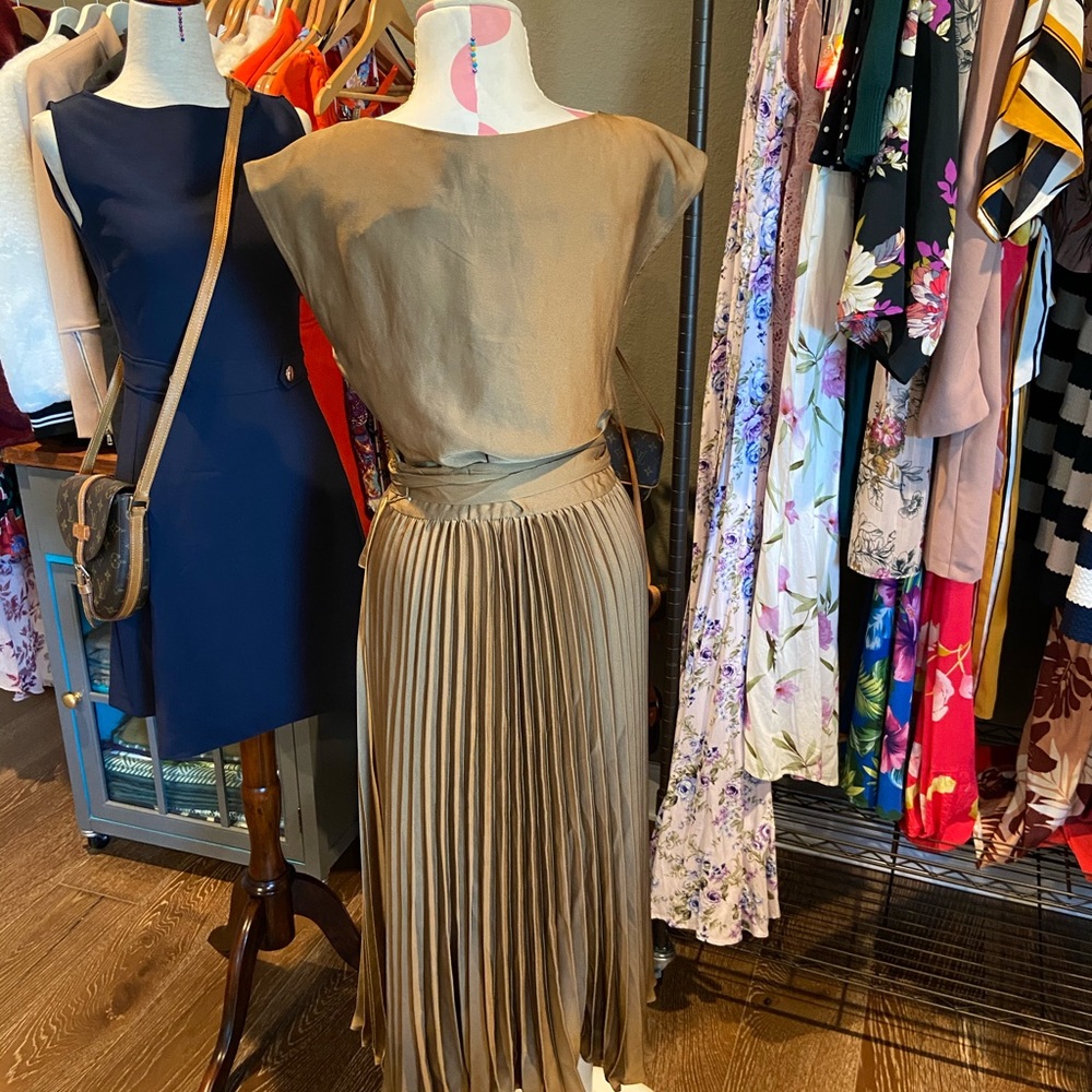 ❌SOLD❌ Stylish-Goddess Bronze Pleat Dress - Picture 5 of 15